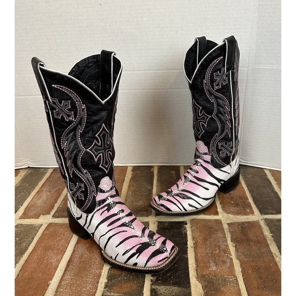 Nocona Boots Womens 6.5 Black Zebra / Stingray Print Leather Cowboy Square Toe